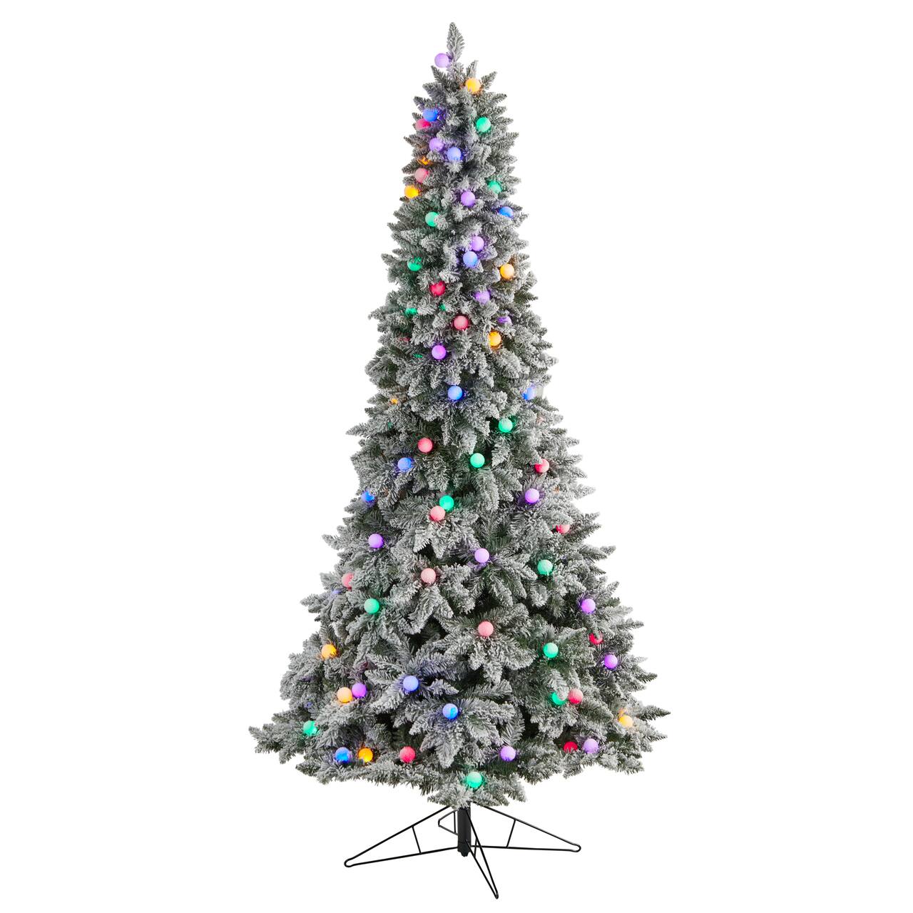 8.5ft. Pre-Lit Flocked British Columbia Mountain Fir Artificial Christmas Tree, Multicolor Globe Bulbs